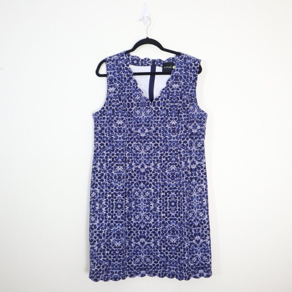 NWT Lysse Size XL Blue Kaleidoscope Print Scallop Neck Shift Dress - Picture 2 of 12